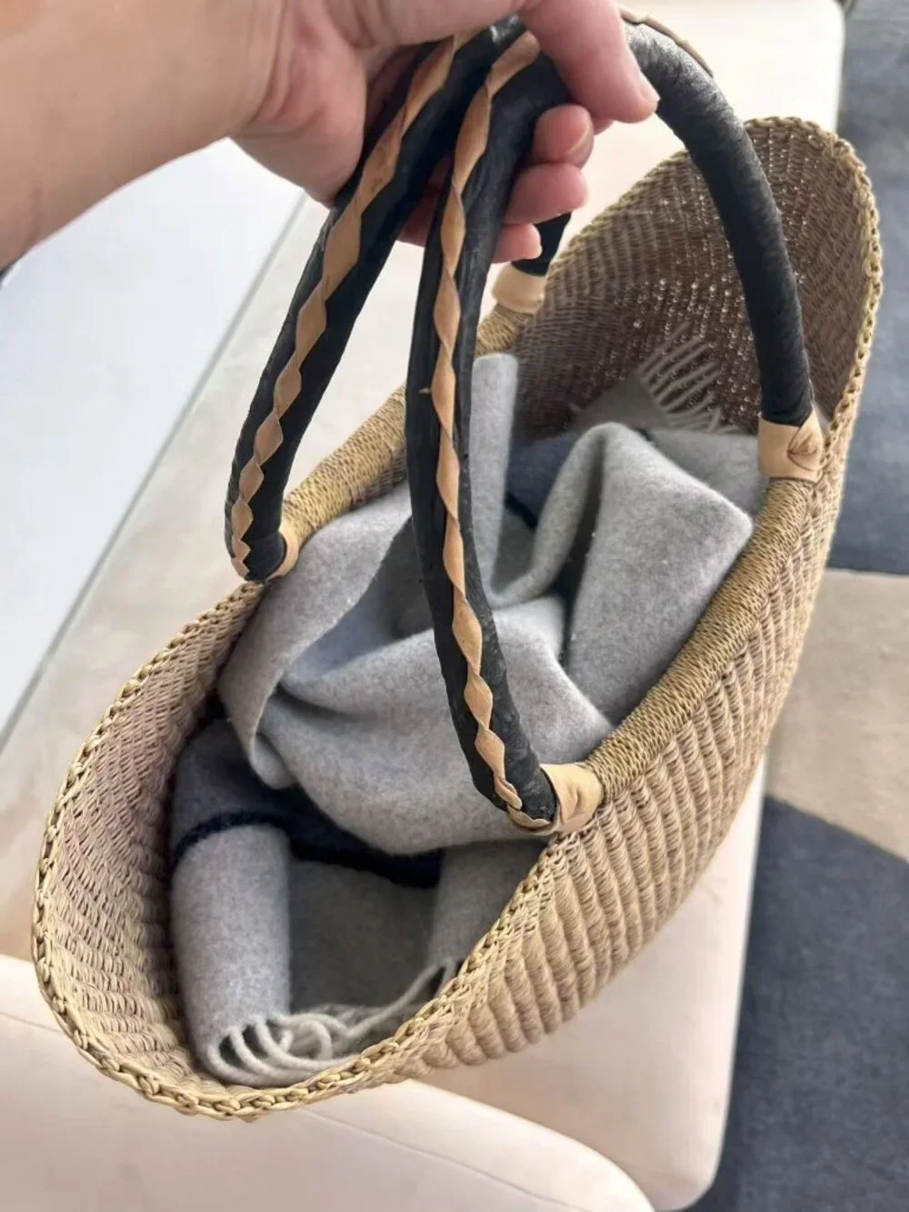 Brand New Bolga Large Handwoven Ghanaian Straw Market Tote Basket – Light Purple